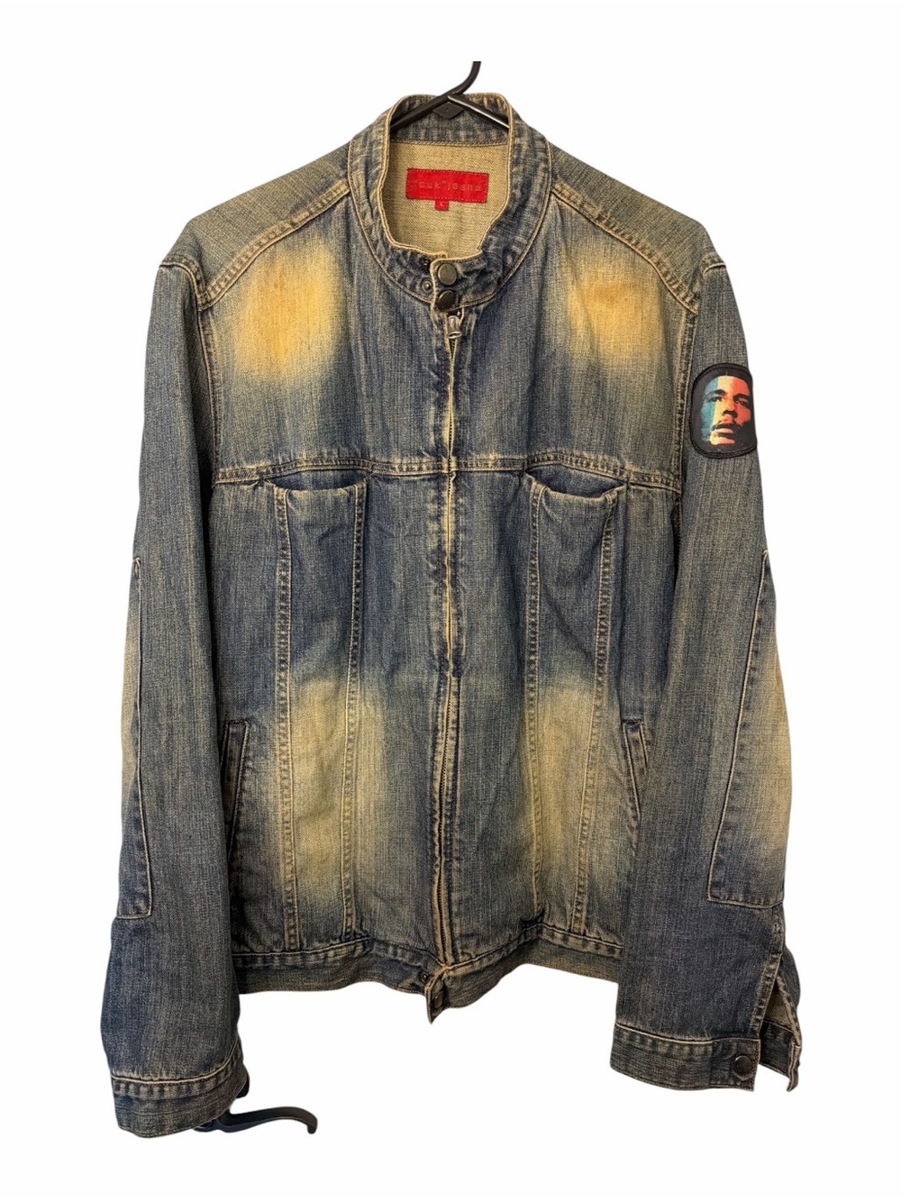 Fcuk Jeans Distressed Blue Denim Jacket with Bob Marley Patch